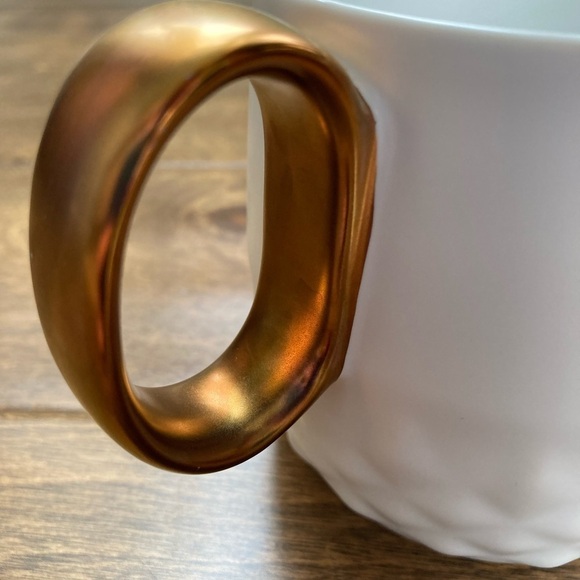 STARBUCKS 2013 White Geometric Coffee Mug Bronze Handle Cup - Picture 7 of 7